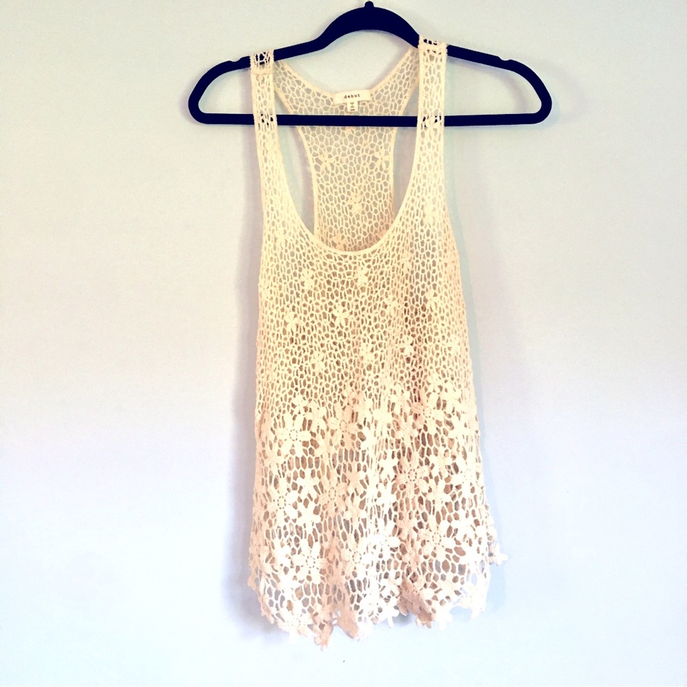 Debut Beige Floral Crochet Beach Cover-up Tank Top